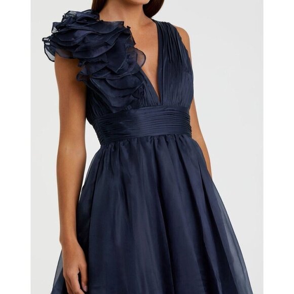 Mac Duggal Size 0 Navy 49494 Sleeveless Chiffon A-Line Midi Cocktail Dress Prom - Picture 3 of 11